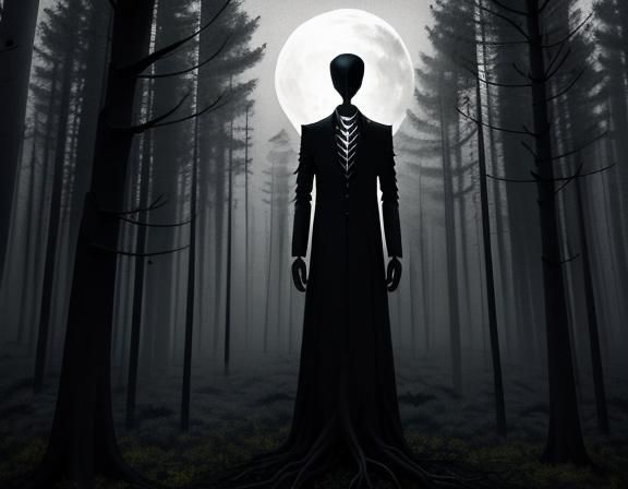 Eerie Faceless Figure in Moonlit Forest: Abstract Art