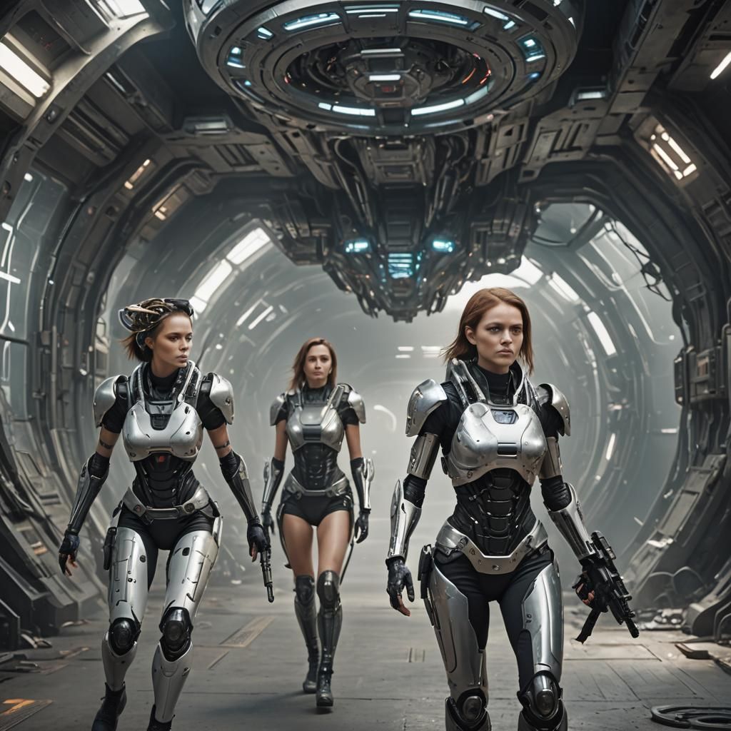 Female Cyborgs Approaching Alien Spaceship Entrance