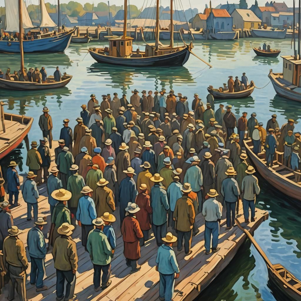 Immigrants Disembarking: An Expressionist Gouache Watercolor