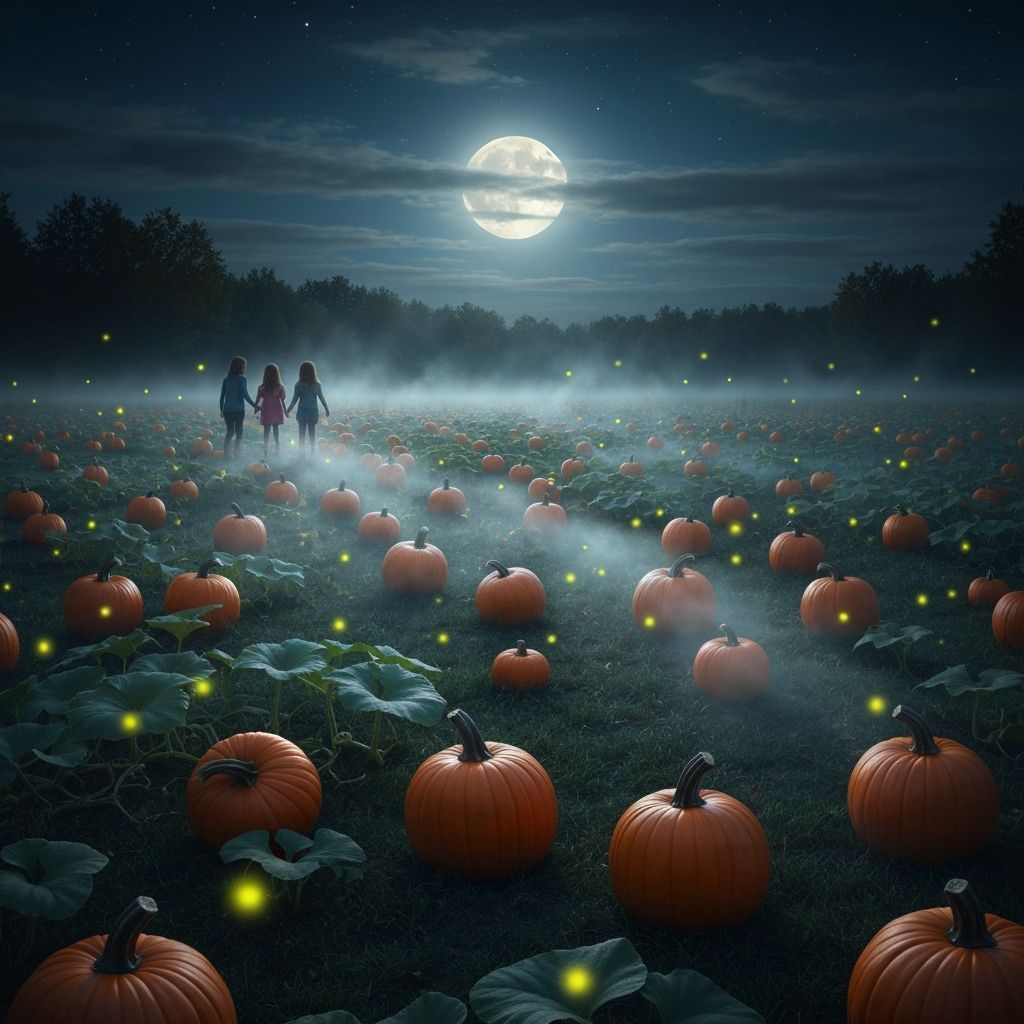 Magical Pumpkin Field Under Moonlit Mist with Fireflies