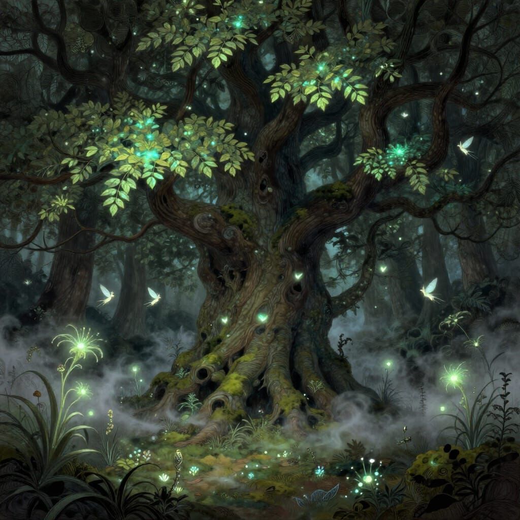 Ancient Bioluminescent Tree in Mystical Grove