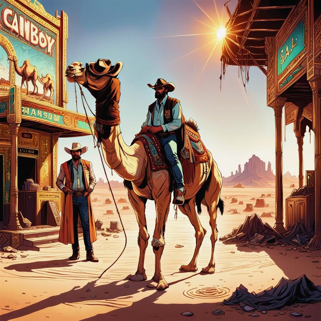 Cowboy, Sheikh, and Camel in Desert Casino