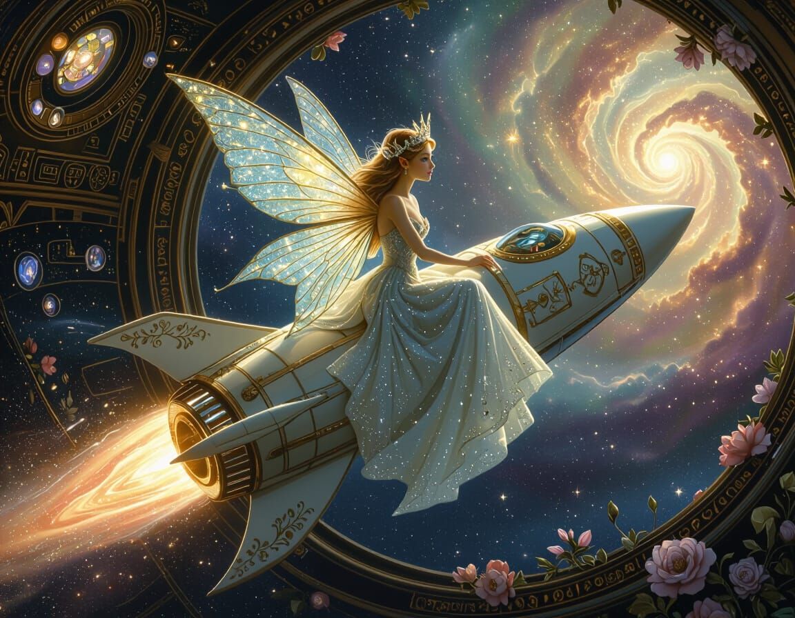 Fairy Queen Pilots Rocket Through Nebula, Art Nouveau