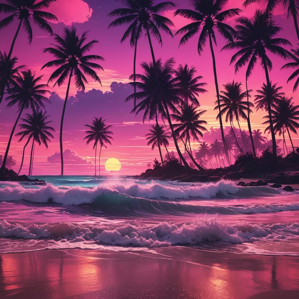 Synthwave Beach with Palm Trees and Crashing Waves