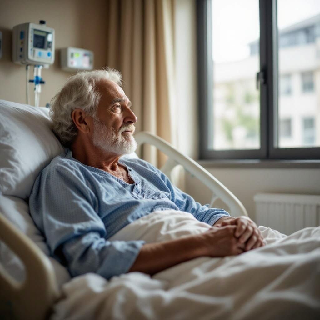 Elderly Man in Hospital Bed, Cinematic Style
