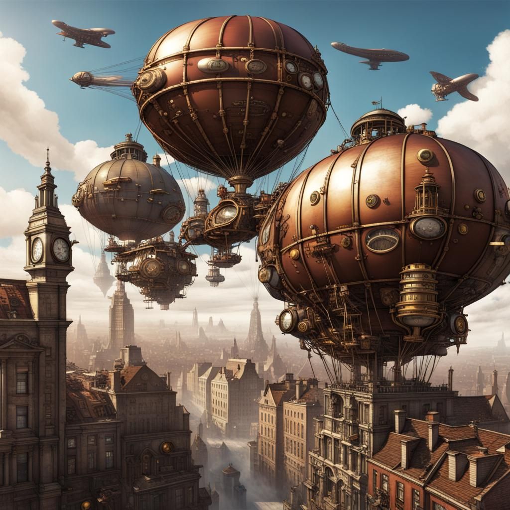 Steampunk City with Giant Blimps