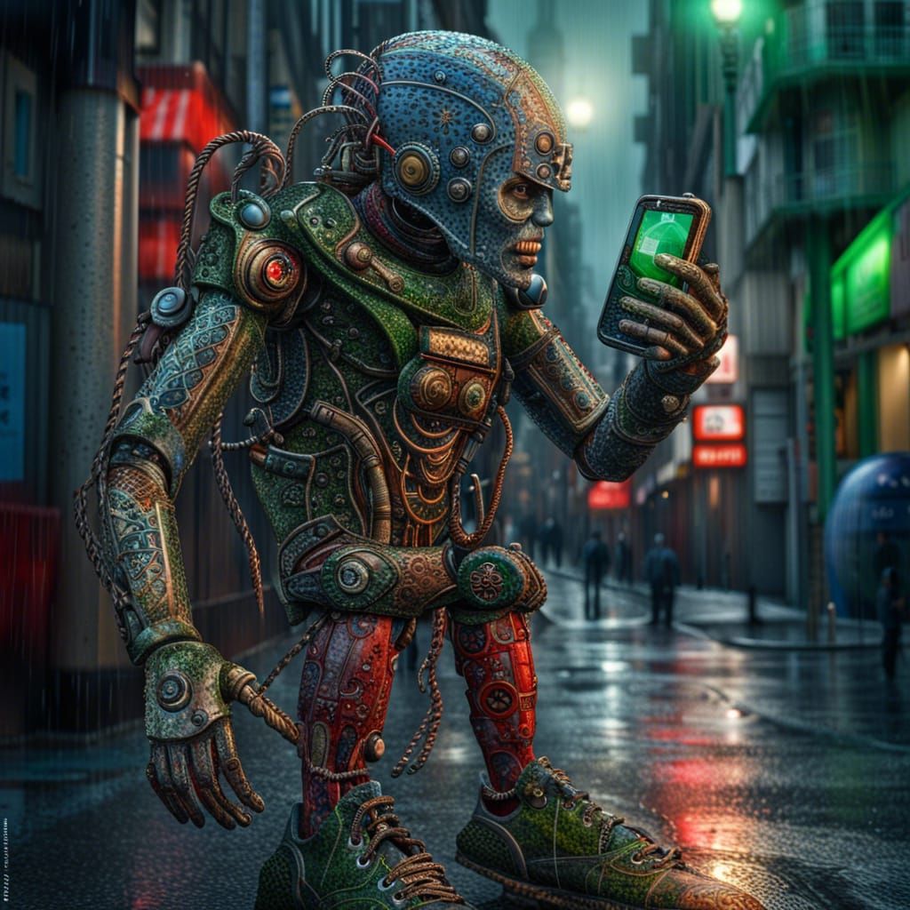 Biomechanical Mobile Phone Hybrid in Rainy Cityscape