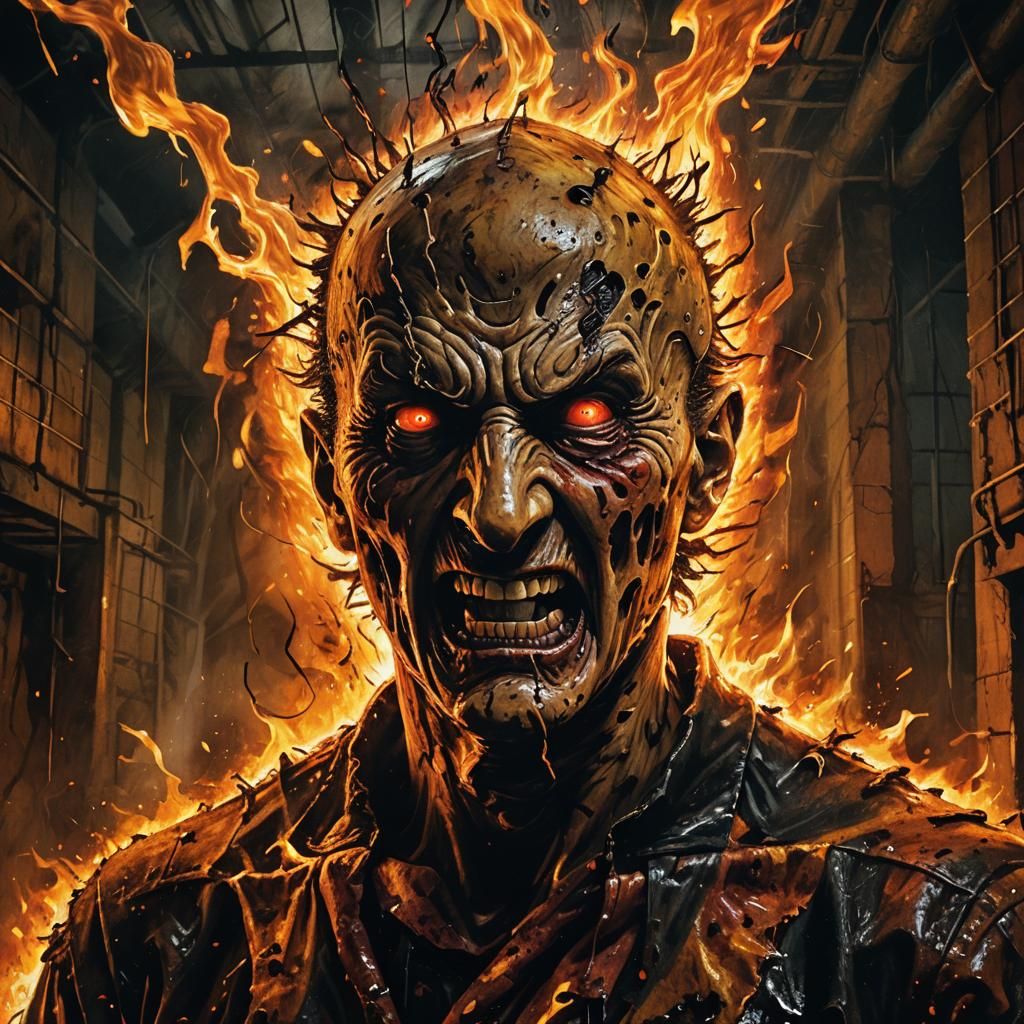 Freddy Krueger Screaming in Agony Amidst Flames