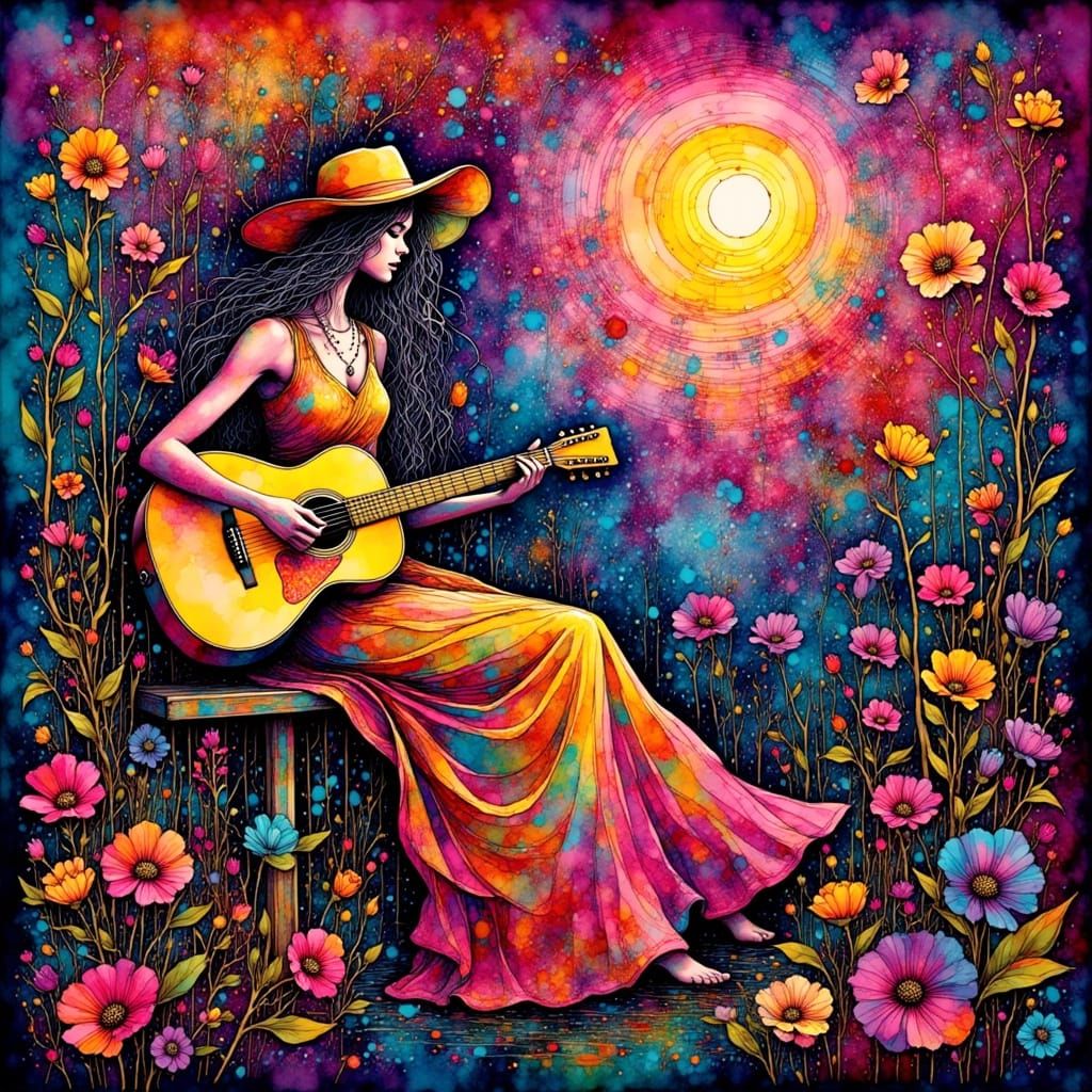 Woman with Guitar in Psychedelic Peter Max Style