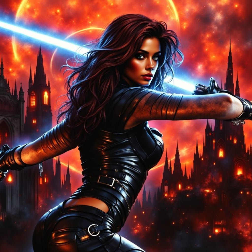 Mara Jade with Purple Lightsaber, Futuristic Style