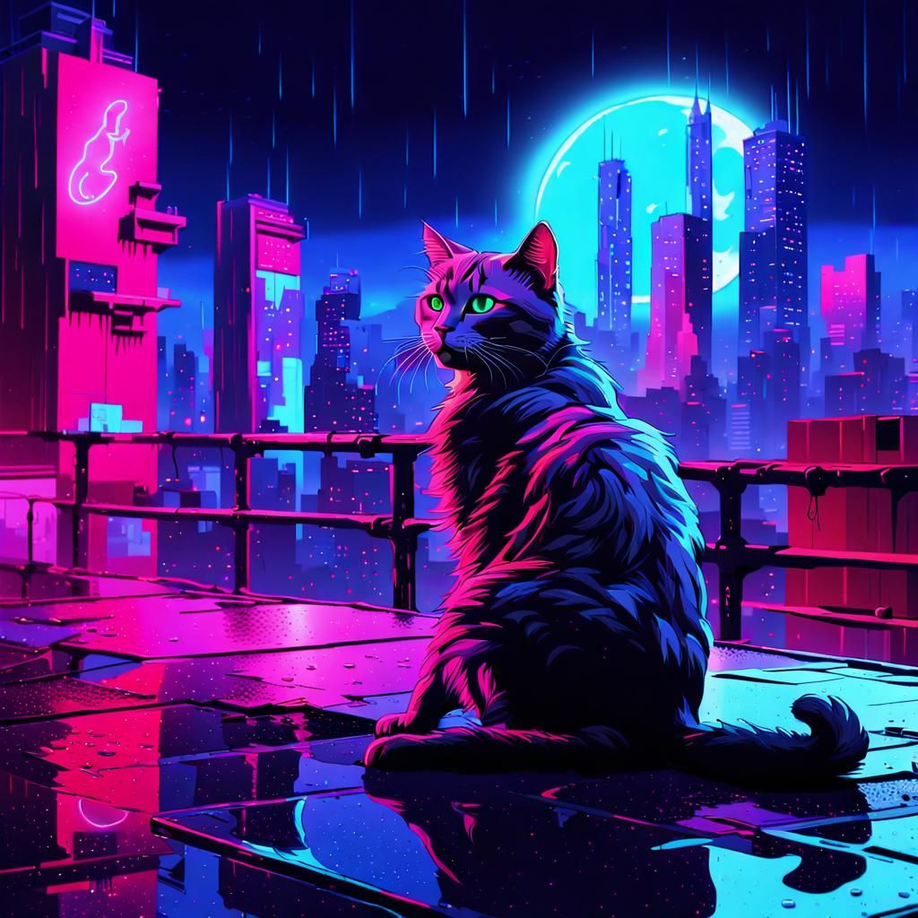 Fluorescent Cat Under Blue Moon in Cyberpunk Style