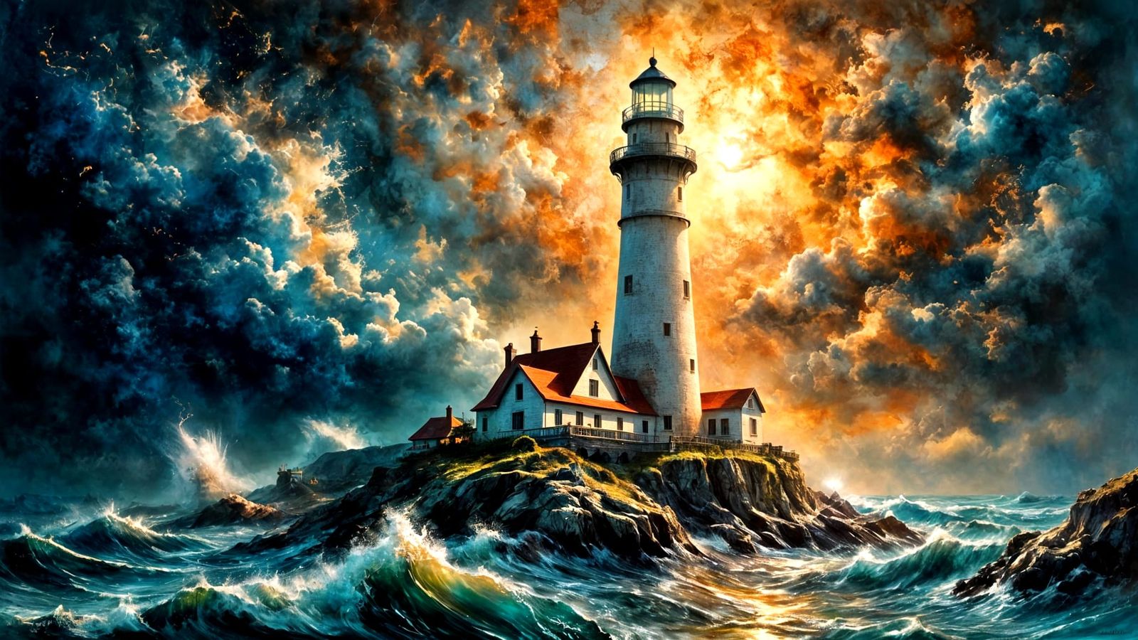 Towering Lighthouse in a Whimsical Thunderstorm