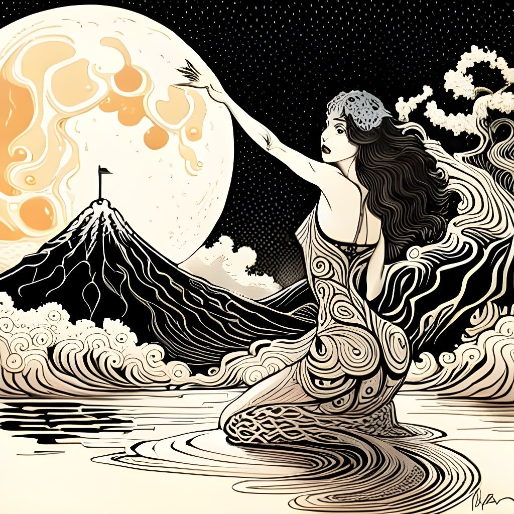 Volcano Goddess Rising from the Sea in Art Nouveau Style