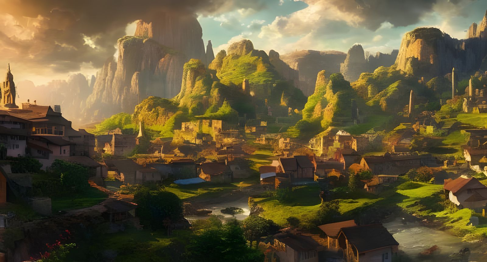 Valley Village Beneath Mountain of Gods: Expressionist Panor...