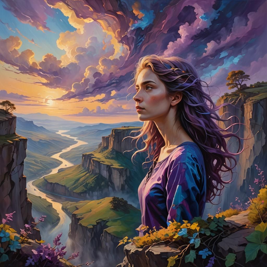 Surreal Woman Overlooking Mystical Landscape as Oil Painting