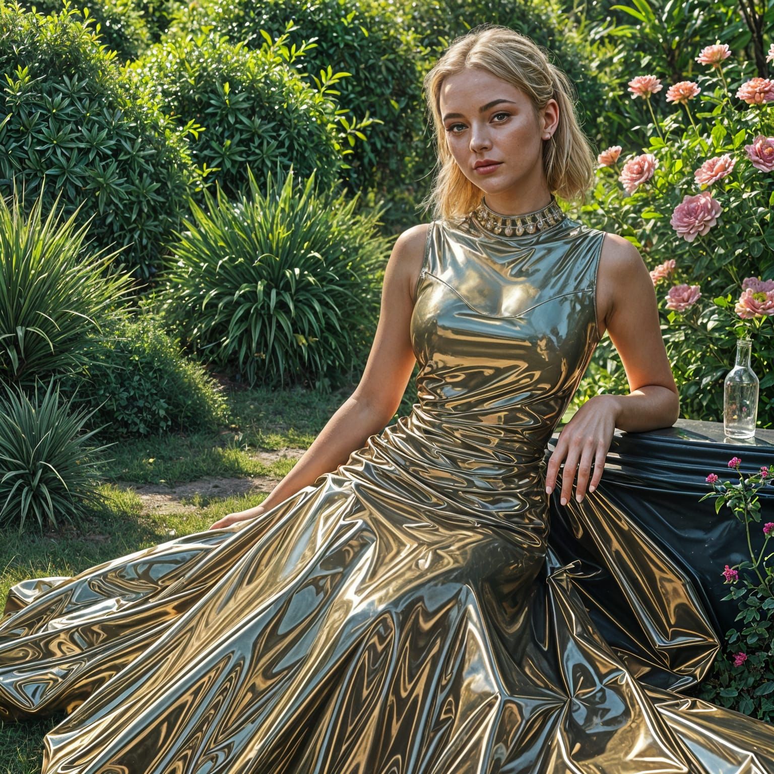 Glamorous Woman in Shimmering Metallic PVC Dress