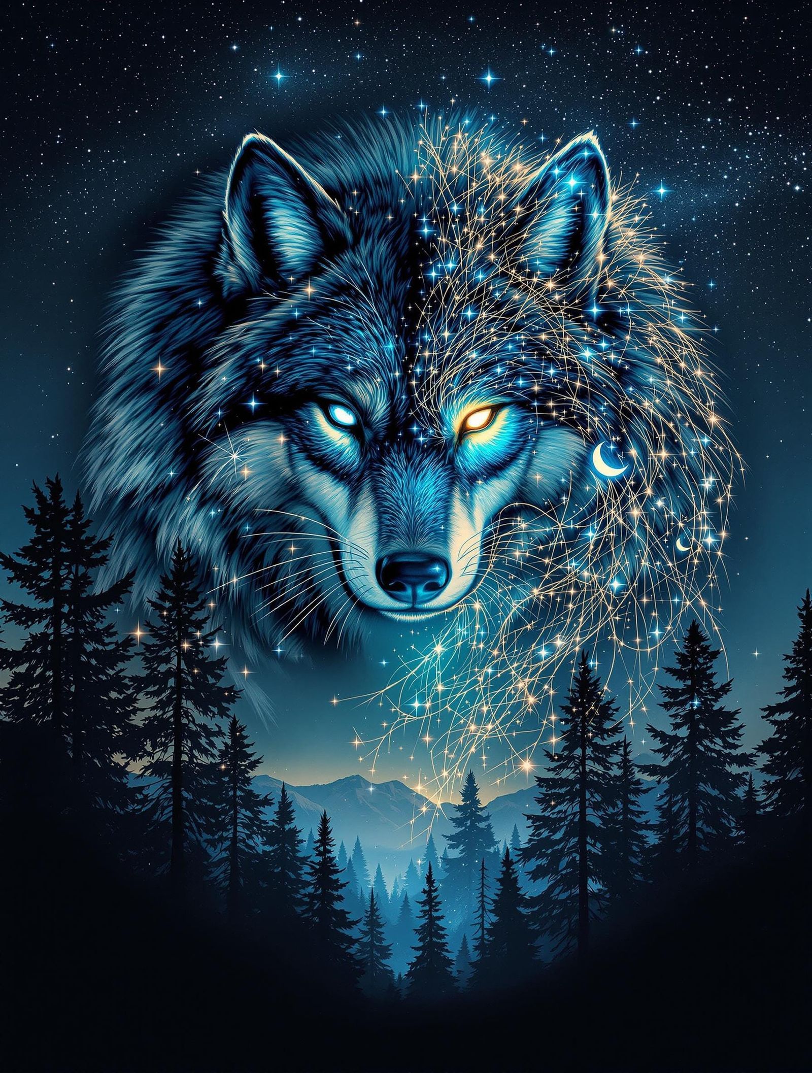 Harmonious Man and Wolf Fusion in Surreal Digital Art