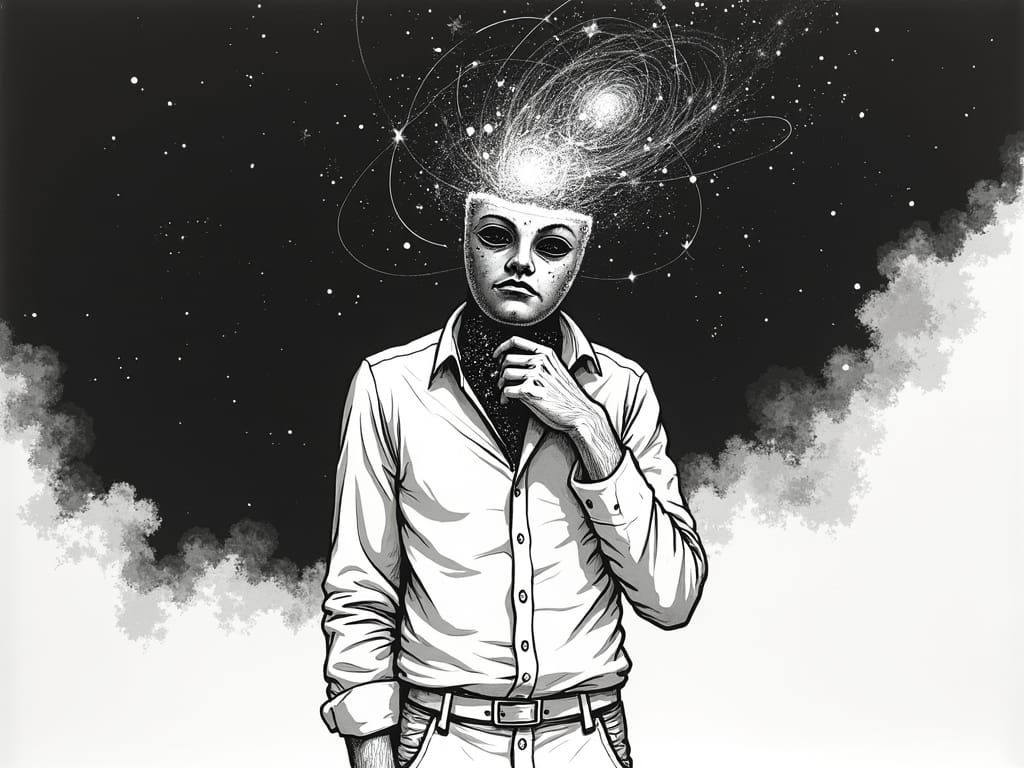 Galaxy Mask Reveal in Vintage Ink Drawing Style