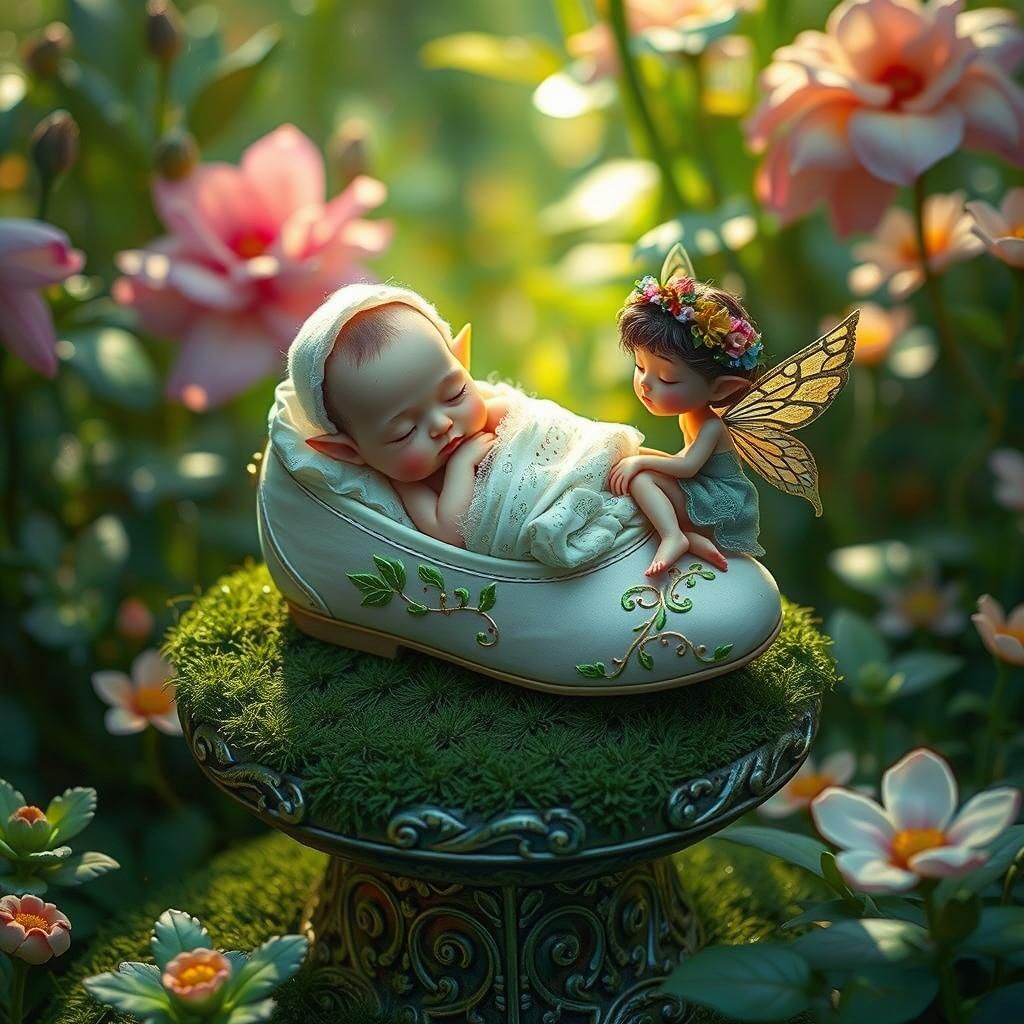Baby Elf Asleep in Shoe in Secret Garden
