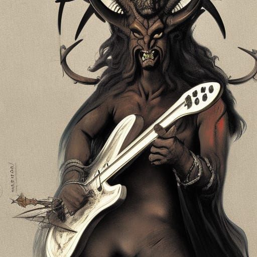 Horned Devil Plays Guitar in Heavy Metal Art
