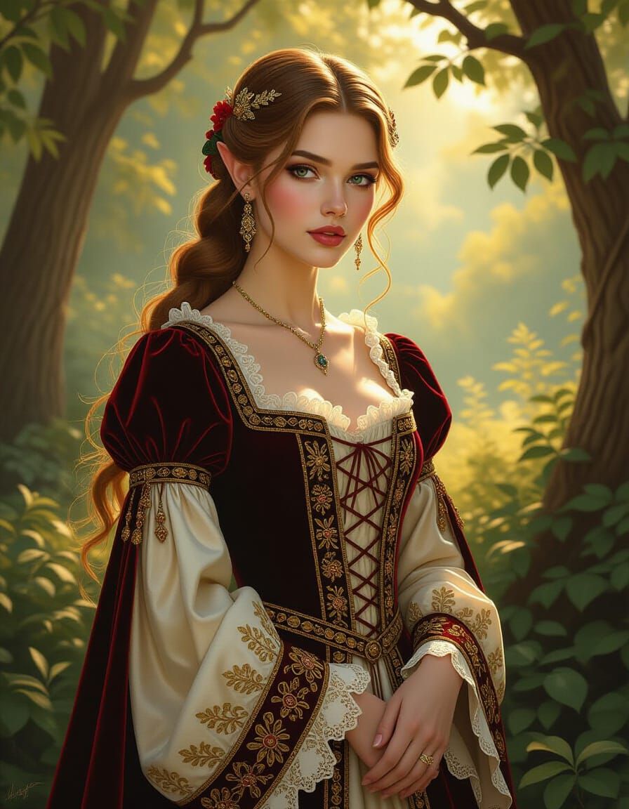 Renaissance Elf in Forest, Realistic Lighting