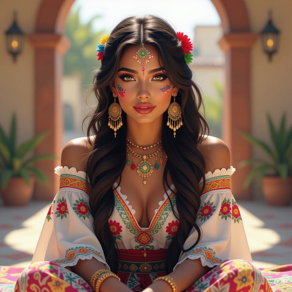 Vibrant Mexican Woman Portrait in Digital Art Style
