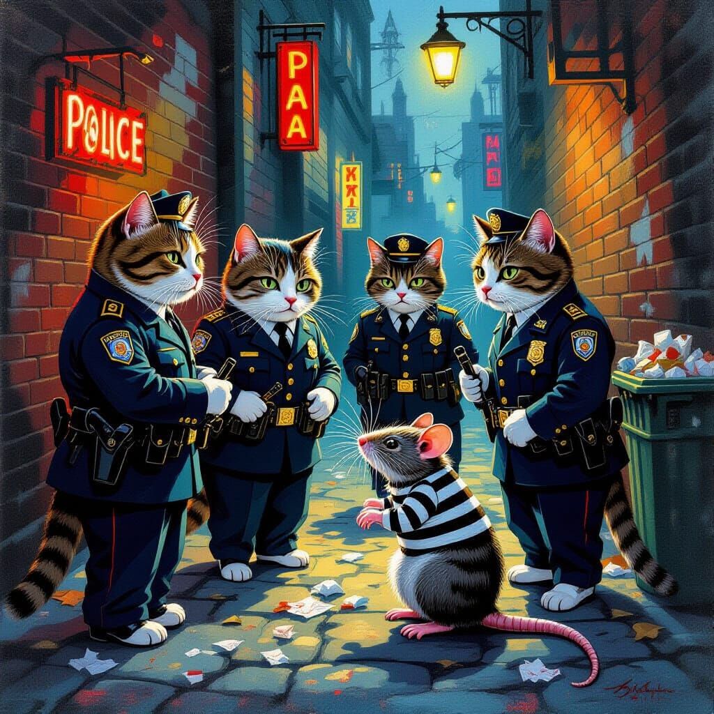 Cats as Police Officers Arresting Rat Criminal in Gouache St...