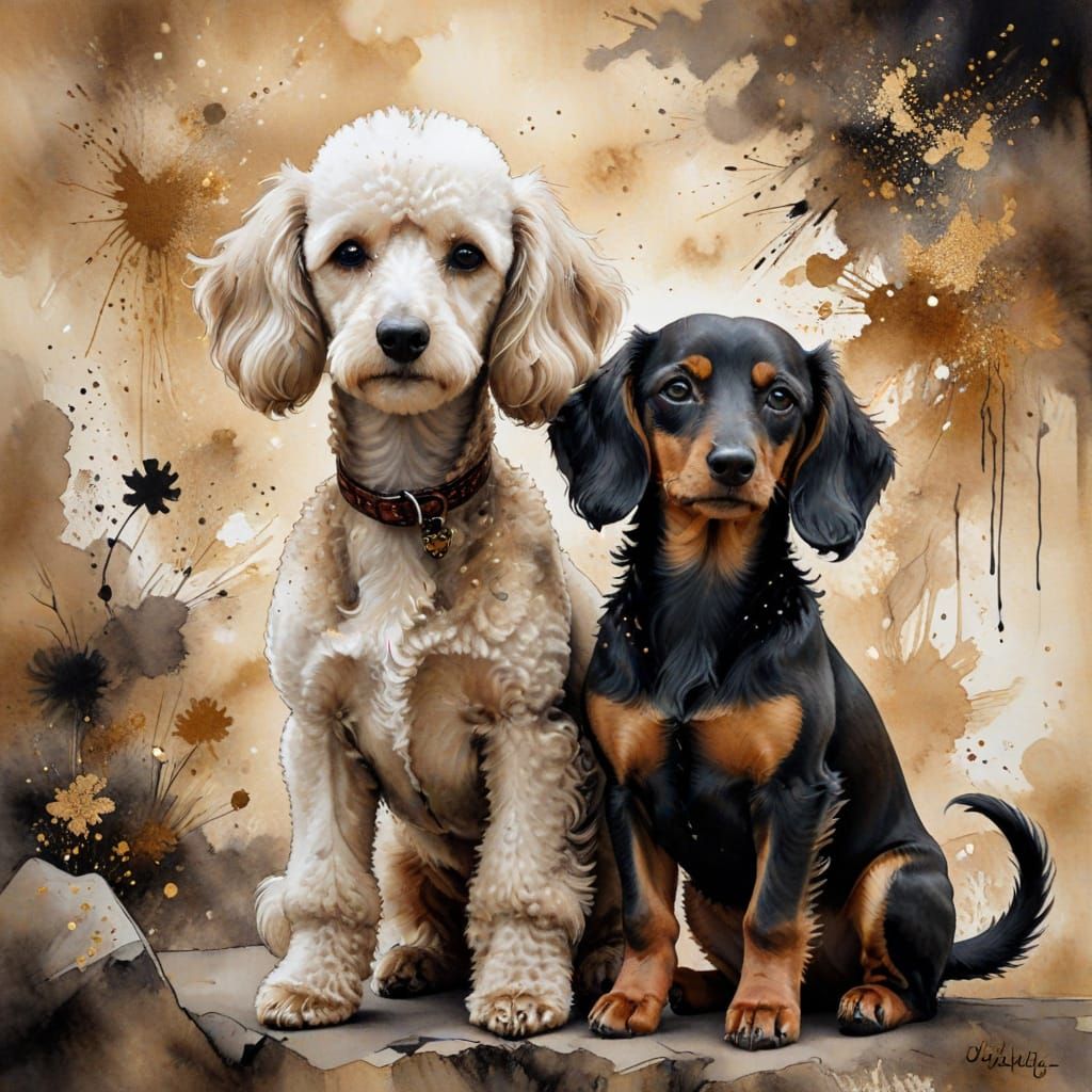 Poodle and Dachshund Adventure in Chinese Ink Style