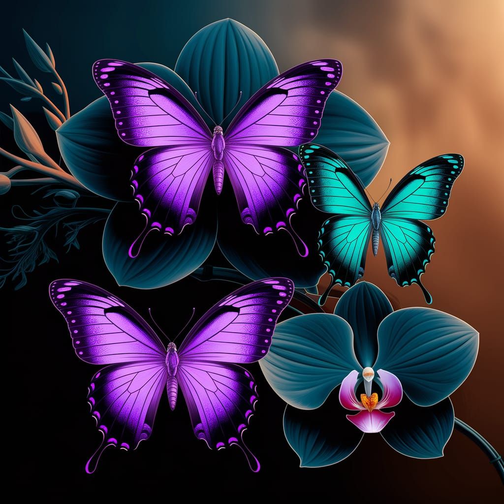 Neon Butterflies on Black Orchid Fantasy Art