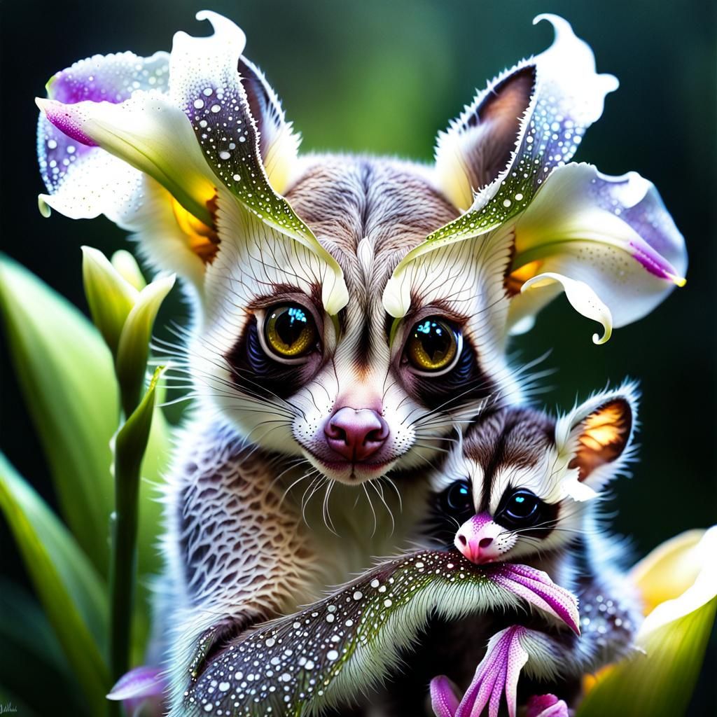 Winged Raccoon-Bushbaby Mother and Baby in Forest