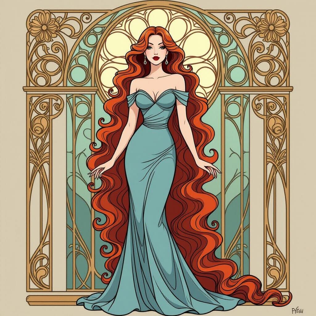Elegant Woman in Art Nouveau Style Digital Illustration