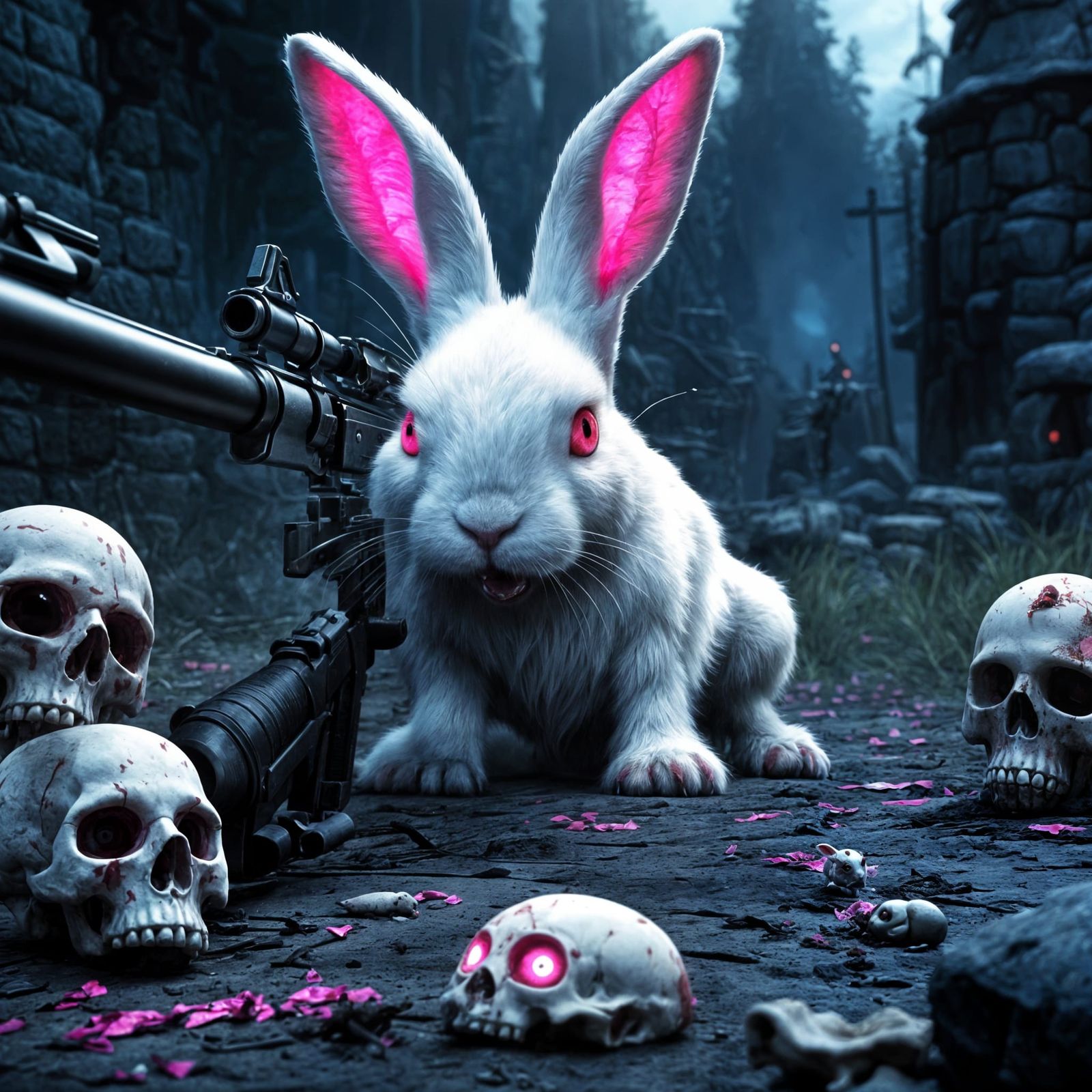 Macabre Bunny Rabbit Chewing Skull, Dark Fantasy Art