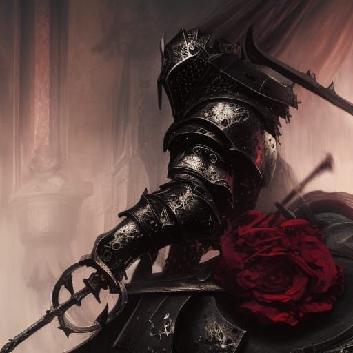 Grimdark Knight in Crimson Armor Amidst White Roses