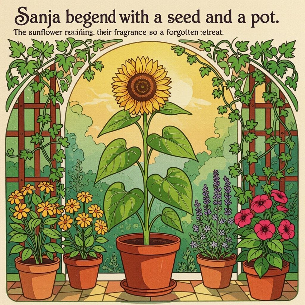 Art Nouveau Garden Scene with Sunflower and Herbs