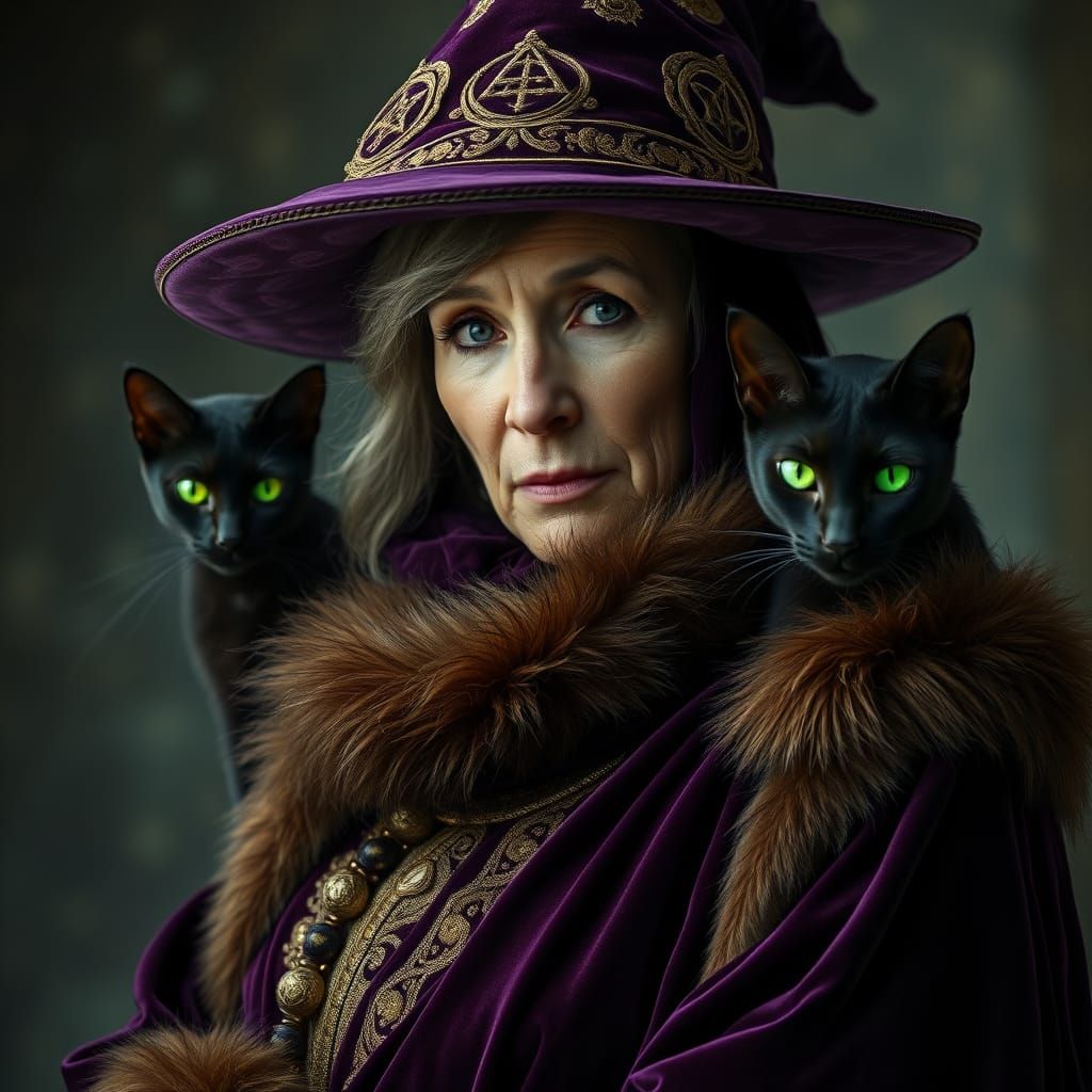 Ethereal Witch Woman Exudes Ancient Wisdom in Deep Plum Velv...