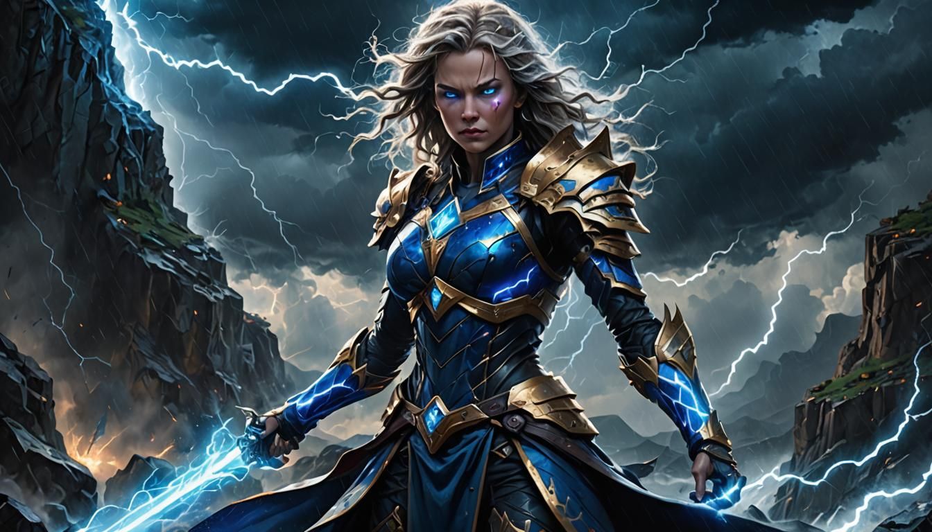 Stormbringer Empress Commands Lightning in Oil Painting