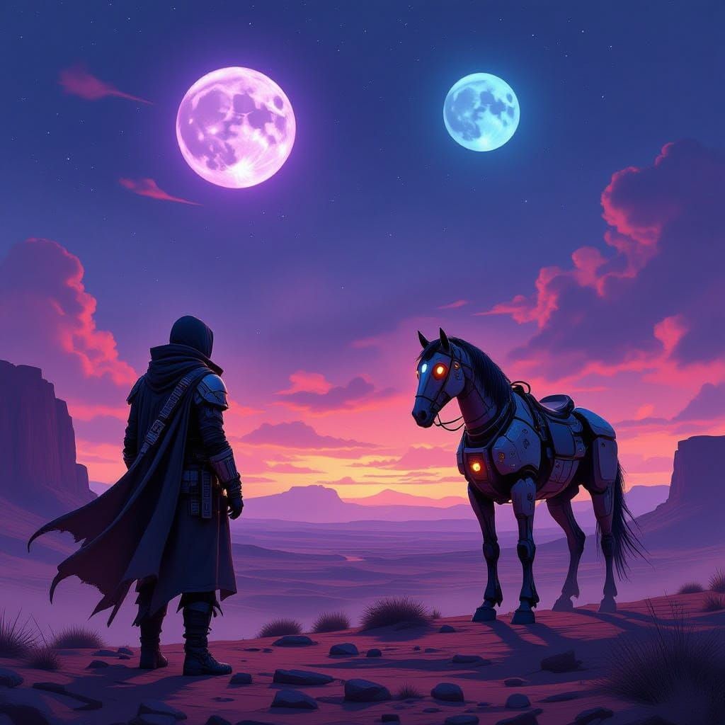 Lone Warrior Gazes at Twin Moons on Alien Mesa