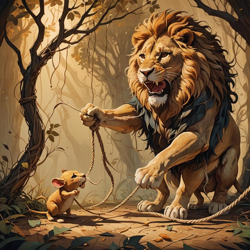 Lion Freed by Mouse: Whimsical Illustration in Earth Tones