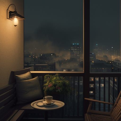 Cozy Balcony Coffee Corner at Night with City Views
