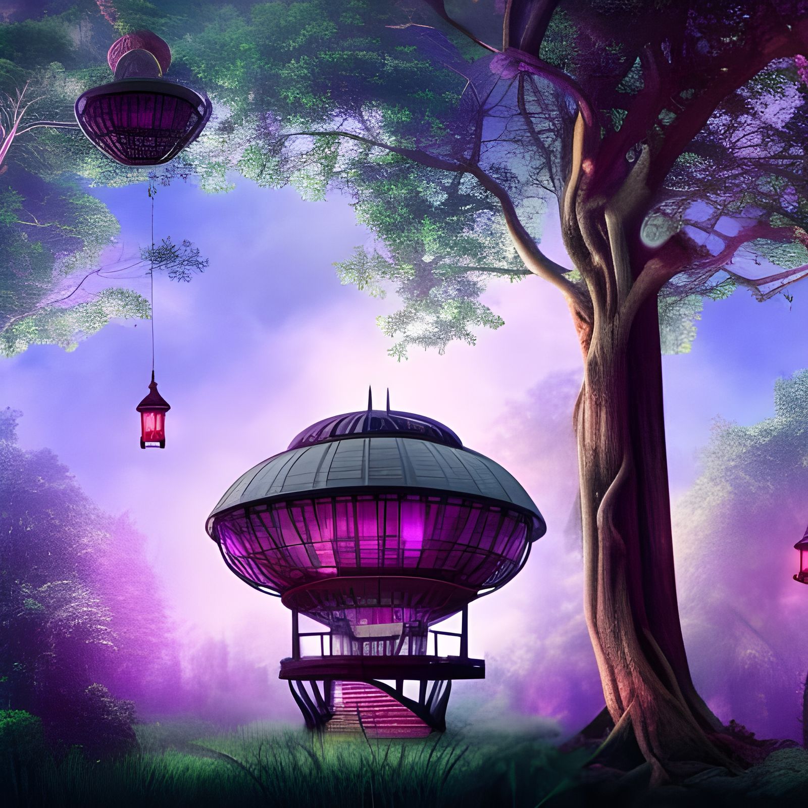 Purple Dome Treehouse in Forest: Digital Matte Painting
