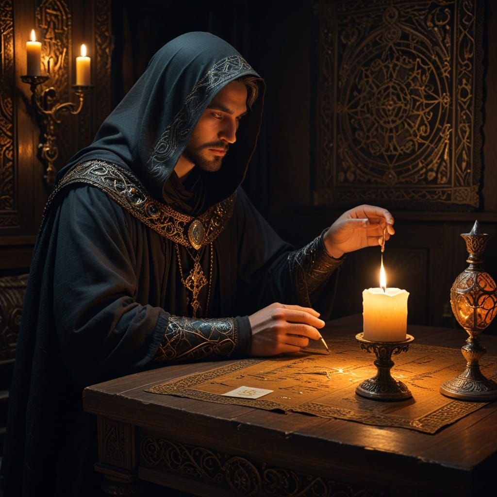 Sorcerer Unveils Mysterious Tarot Cards in a Candlelit Chamb...