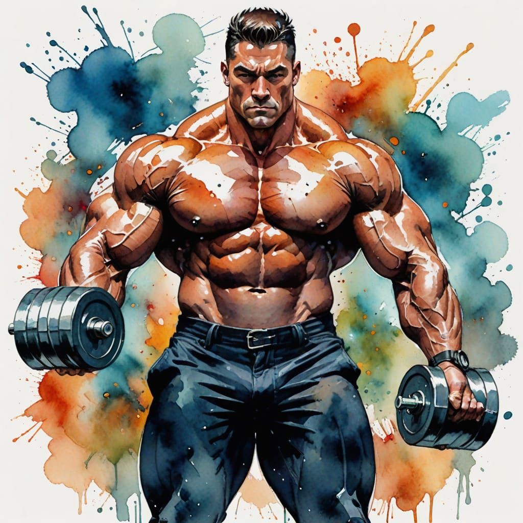 Hyper-Muscular Bodybuilder in Vibrant Watercolor Style