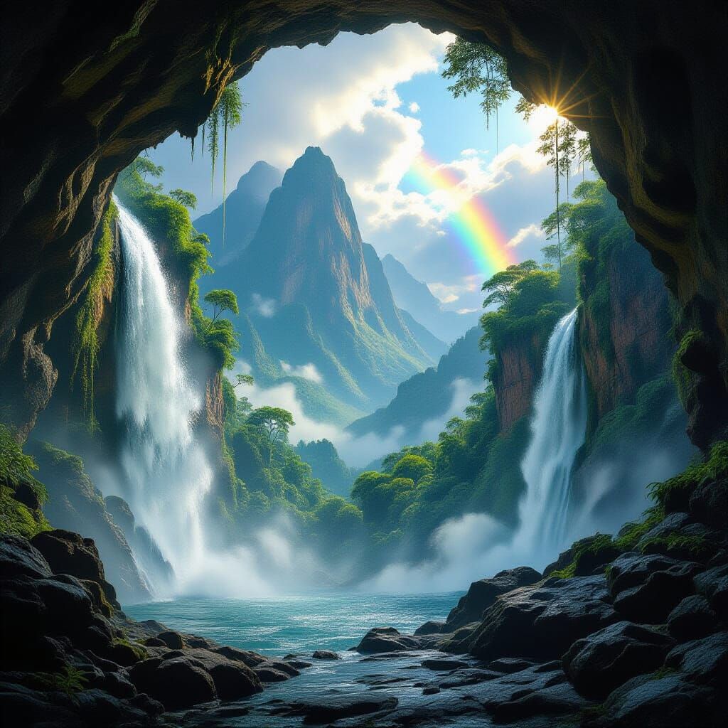 Tropical Paradise Revealed Through a Waterfall Veil