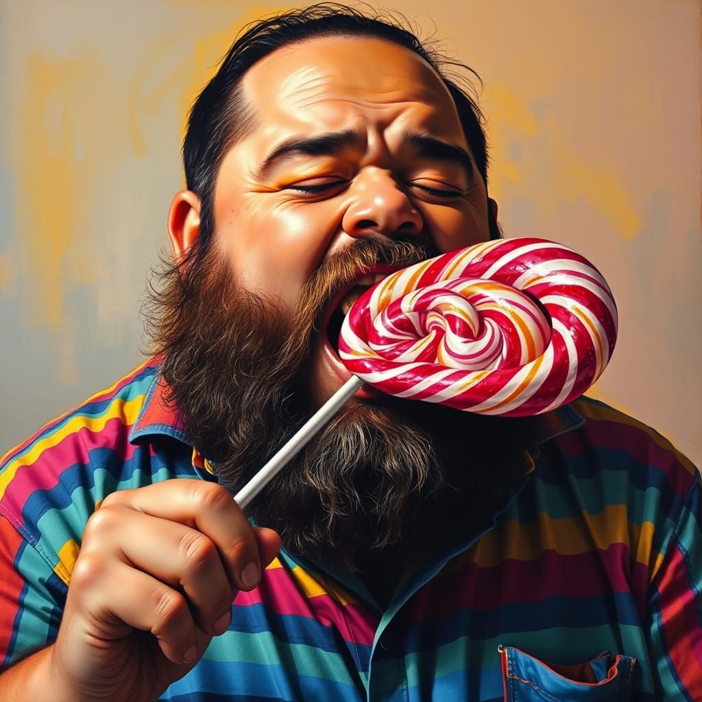 Bearded Man's Joyful Lollipop Moment: Modern Art Portrait