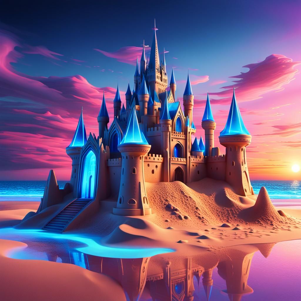 Futuristic Sandcastle with Neon Circuits on Fantasy Beach