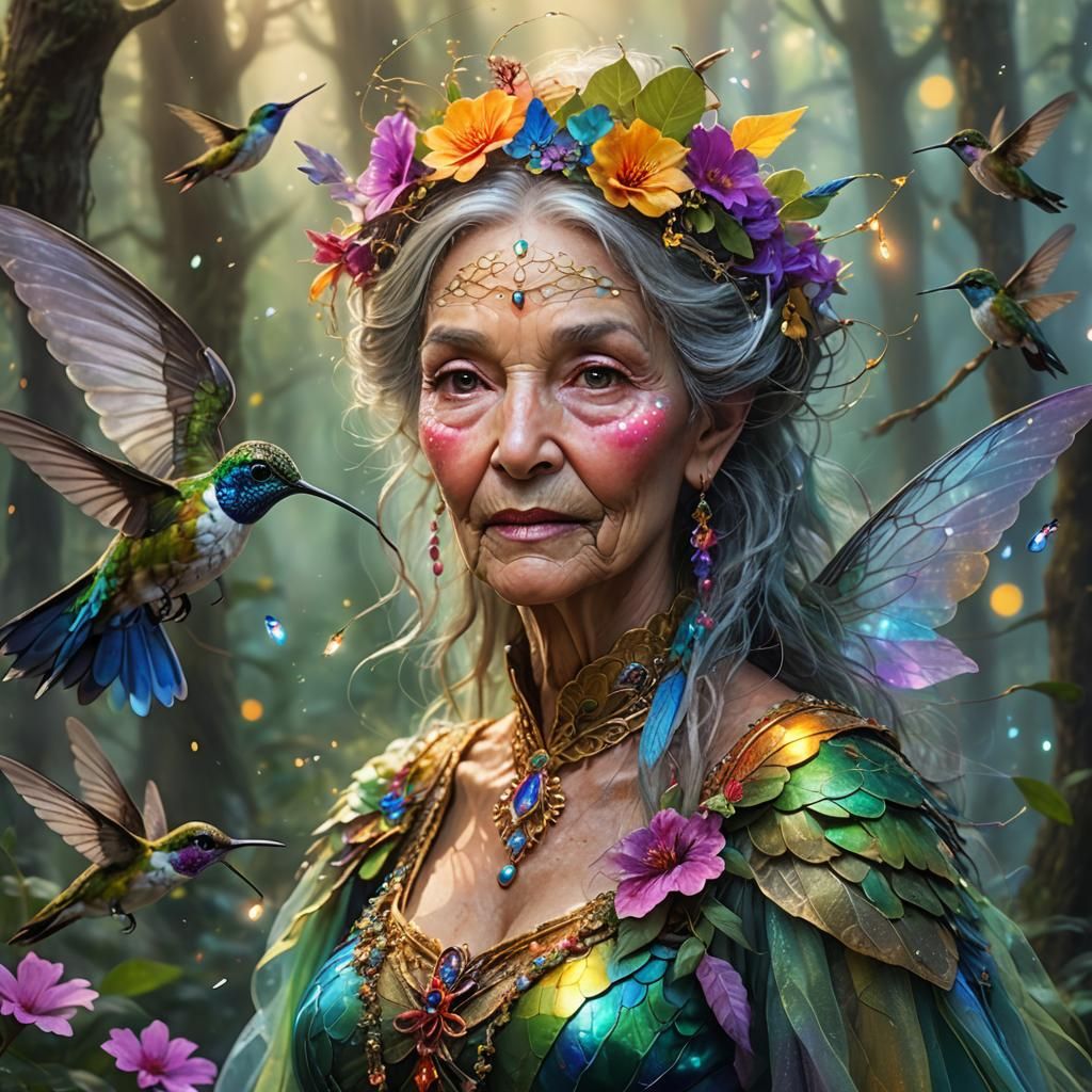 Fairy Grandmother Rides Hummingbird: Whimsical Fantasy Art