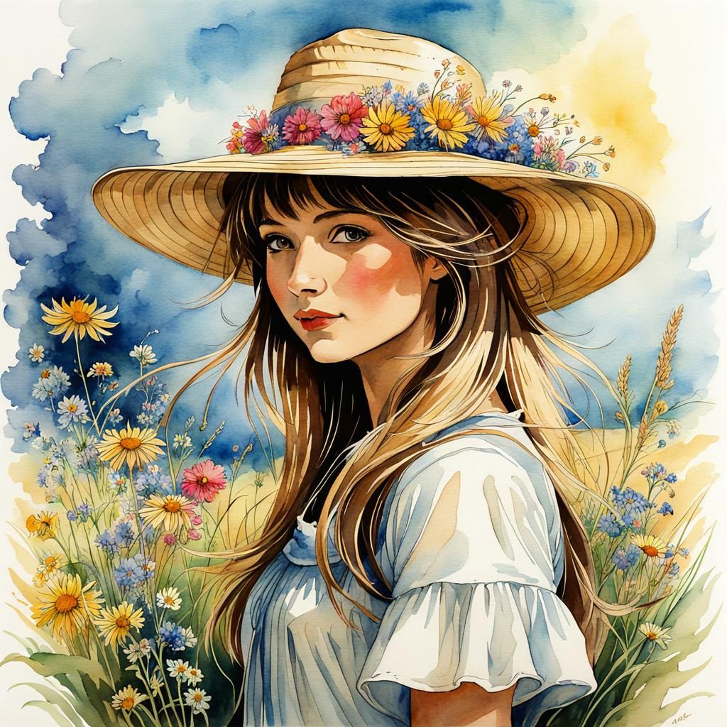 Watercolor Wildflower Hat in Arthur Rackham Style