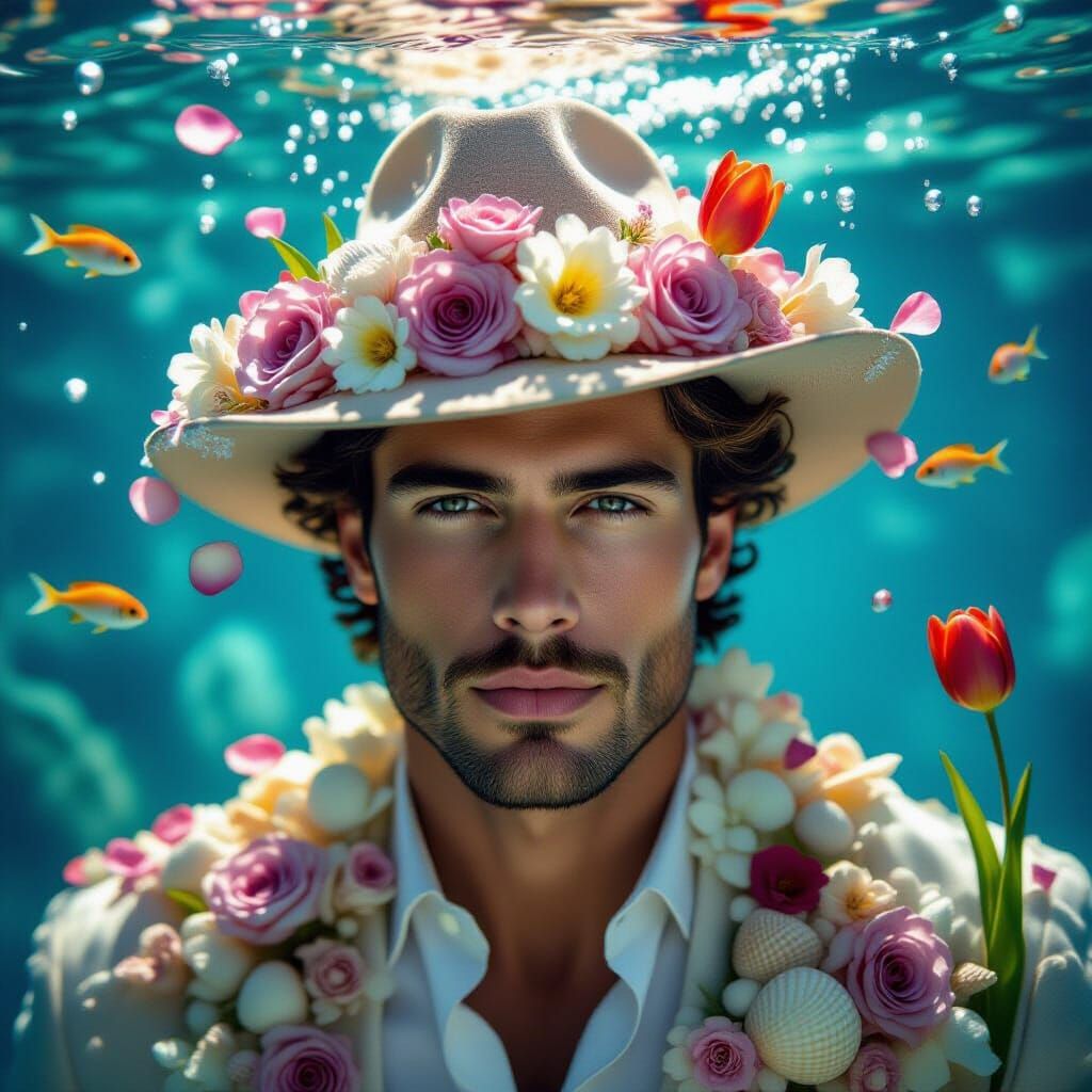 Surreal Fashion Model in Underwater Coral Hat