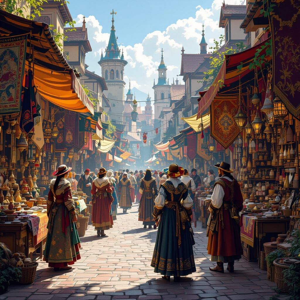 Bustling 16th-Century Market in Matte Painting Style