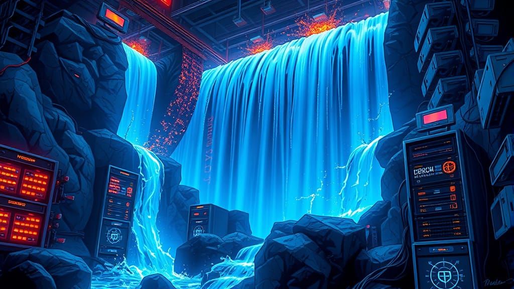 Electric-Blue Waterfall Over Glowing Servers in Cyberpunk St...
